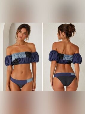 Lisa Marie Fernandez Bikini Set Women's XS Off Shoulder Color Block Blue Gray
